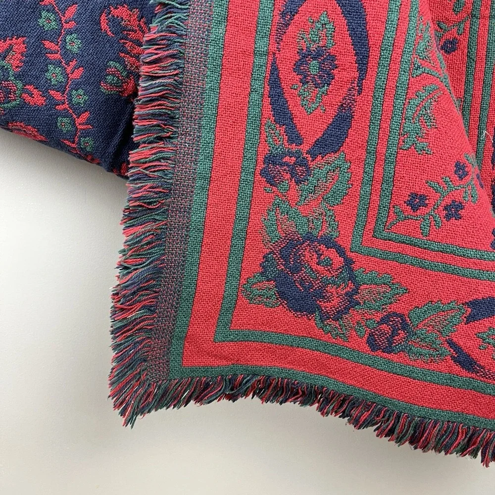 Vintage 90s Floral Tapestry Fringed Throw Blanket Grandma Cottagecore Boho 50x66